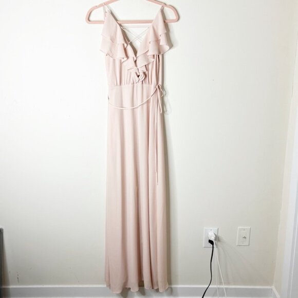 WAYF The Jamie Maxi Dress Ruffle Wrap Attached Tie Waist Gown Ballet Pink XXS - Picture 6 of 16